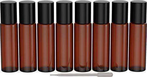 8 Pack - Essential Oil Roller Bottles [Metal Chrome Roller Ball] FREE Plastic Pippette Refillable Glass Color Roll On for Fragrance Essential Oil - 10 ml 1/3 oz (Amber) Oil BargzOils 