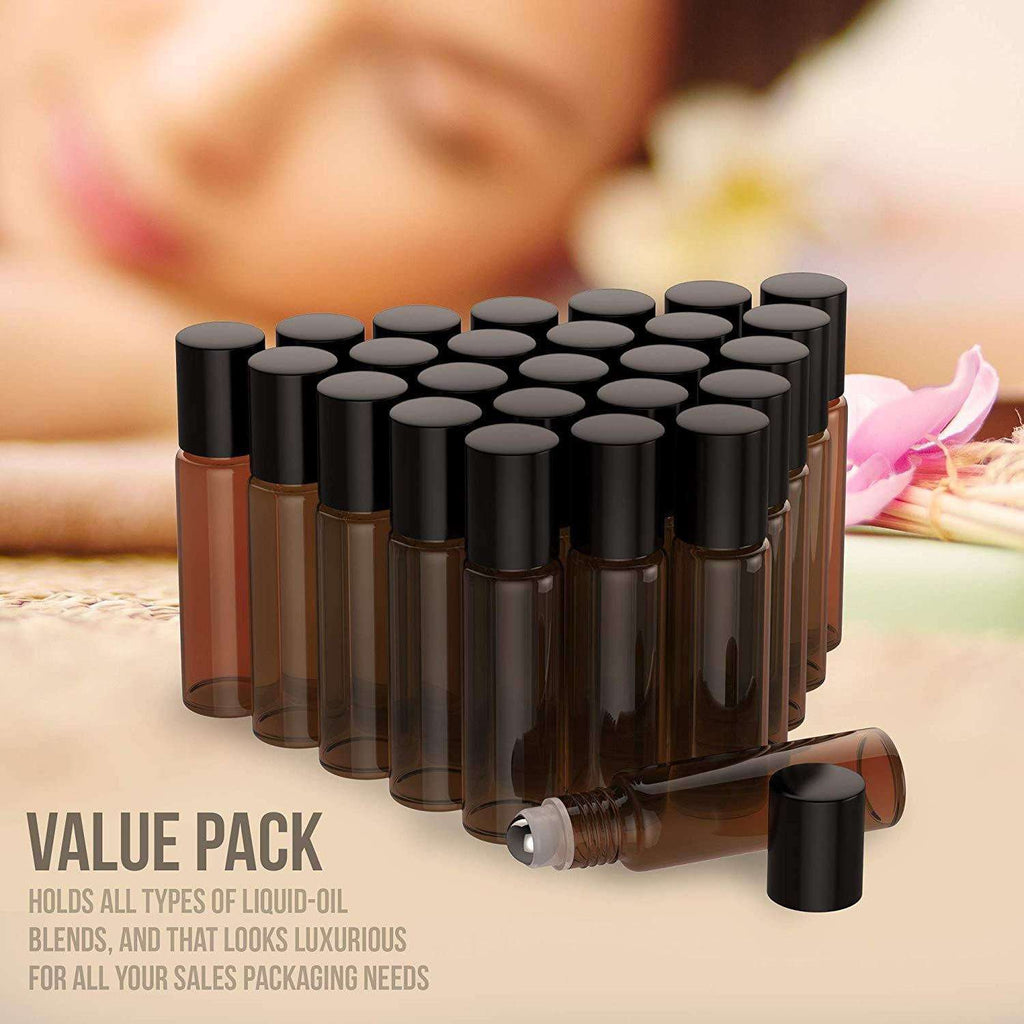 26 Pack - Essential Oil Roller Bottles [Metal Chrome Roller Ball] FREE Plastic Pippette, Funnel and Bottle Opener Refillable Glass Color Roll On for Fragrance Essential Oil - 10 ml 1/3 oz (Amber) Oil BargzOils 