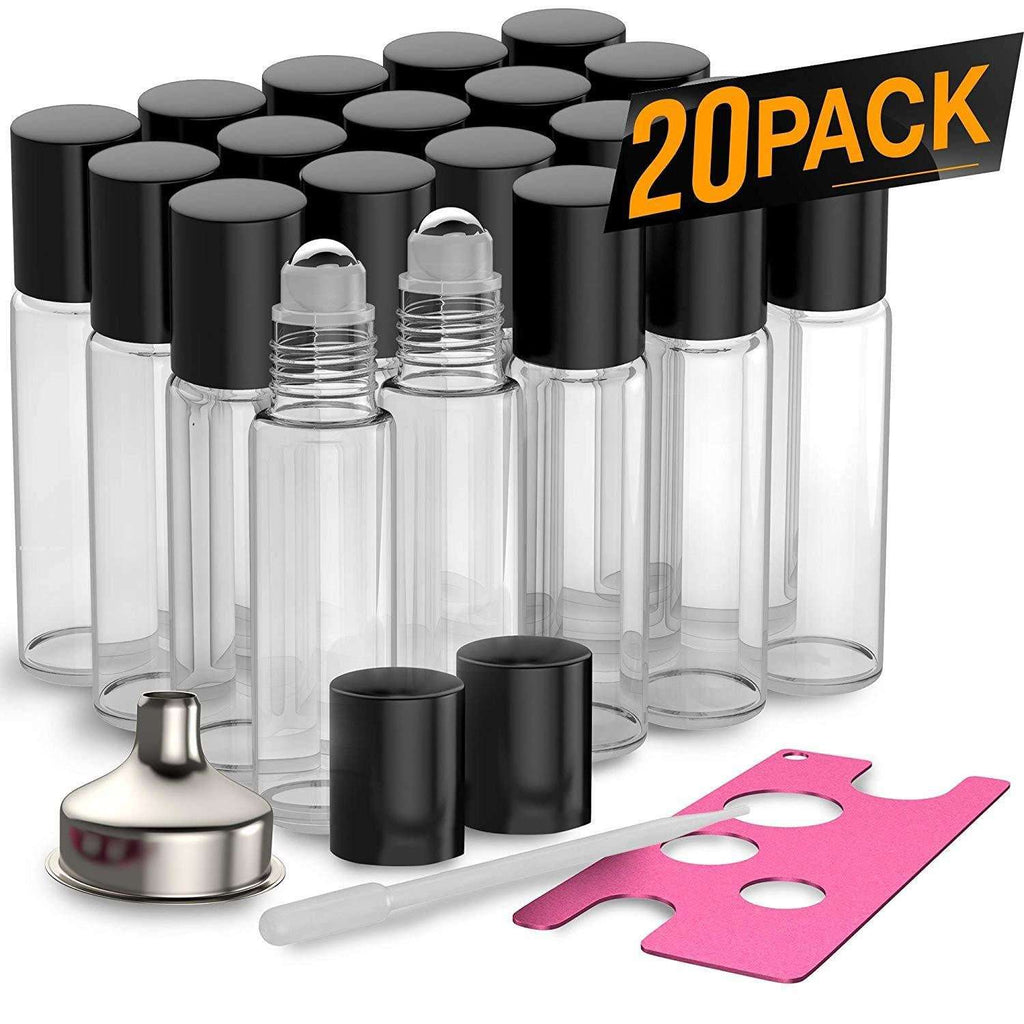 20 Pack - Essential Oil Roller Bottles [Metal Chrome Roller Ball] FREE Plastic Pippette, Funnel and Bottle Opener Refillable Glass Color Roll On for Fragrance... Oil BargzOils 