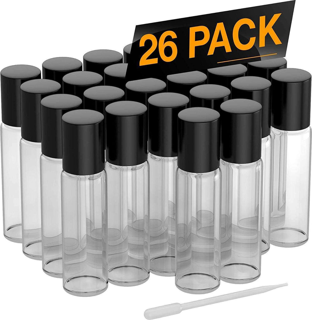 26 Pack Essential Oil Roller Bottles [FREE Plastic Pippette] 10ml Refillable Glass Ball Roller Bottles For Fragrance Perfume Essential Oil - Best Empty Perfume and Essential Oil Bottle Clear Color Oil BargzOils 