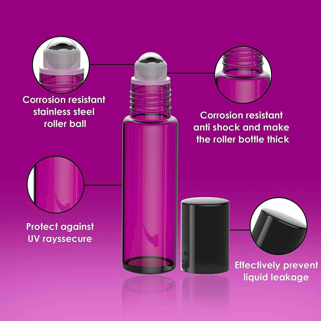 Essential Oil Roller Bottles [Metal Chrome Roller Ball] FREE Plastic Pippette, Funnel and Bottle Opener Refillable Glass Color Roll On for Fragrance Essential Oil - 10 ml 1/3 oz (8 PACK, PURPLE) Oil BargzOils 