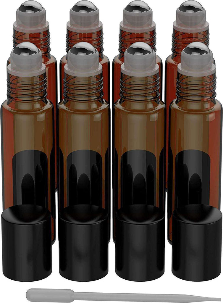 8 Pack - Essential Oil Roller Bottles [Metal Chrome Roller Ball] FREE Plastic Pippette Refillable Glass Color Roll On for Fragrance Essential Oil - 10 ml 1/3 oz (Amber) Oil BargzOils 