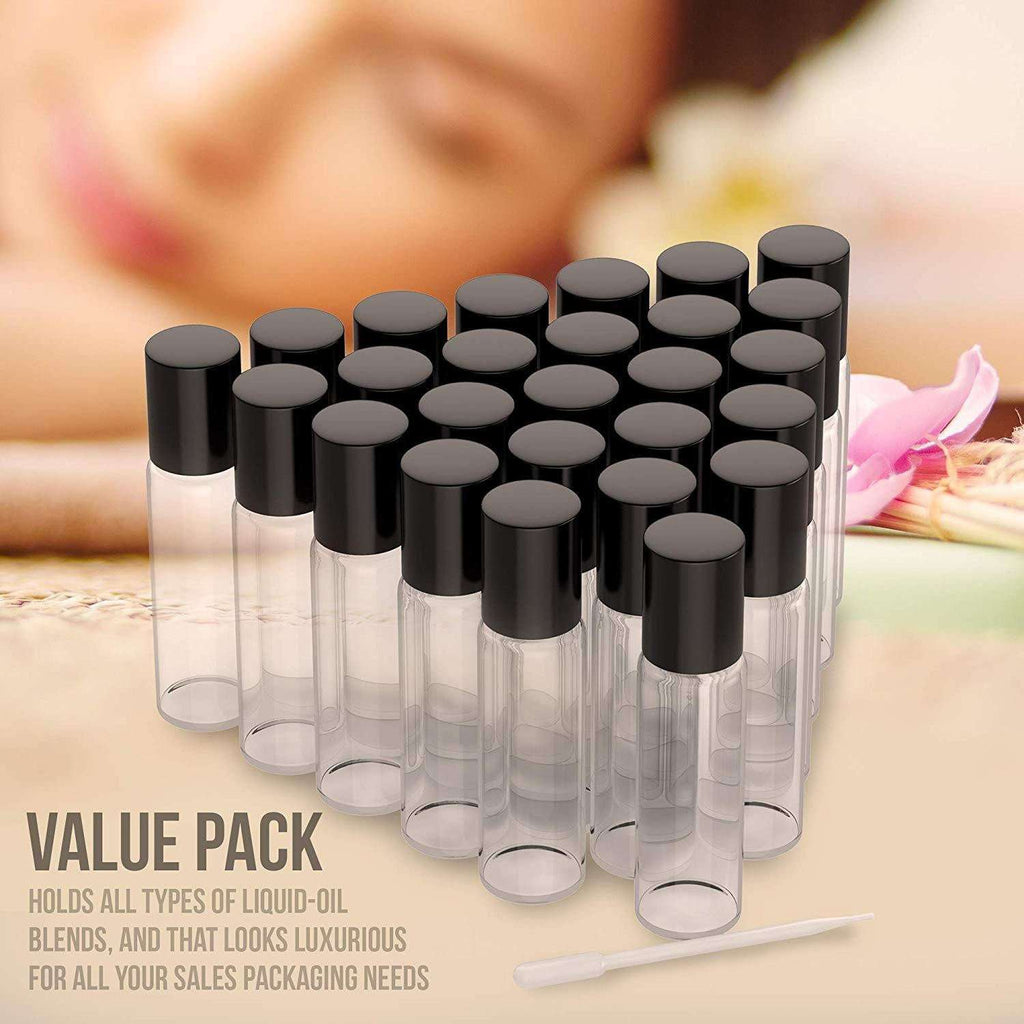 26 Pack Essential Oil Roller Bottles [FREE Plastic Pippette] 10ml Refillable Glass Ball Roller Bottles For Fragrance Perfume Essential Oil - Best Empty Perfume and Essential Oil Bottle Clear Color Oil BargzOils 