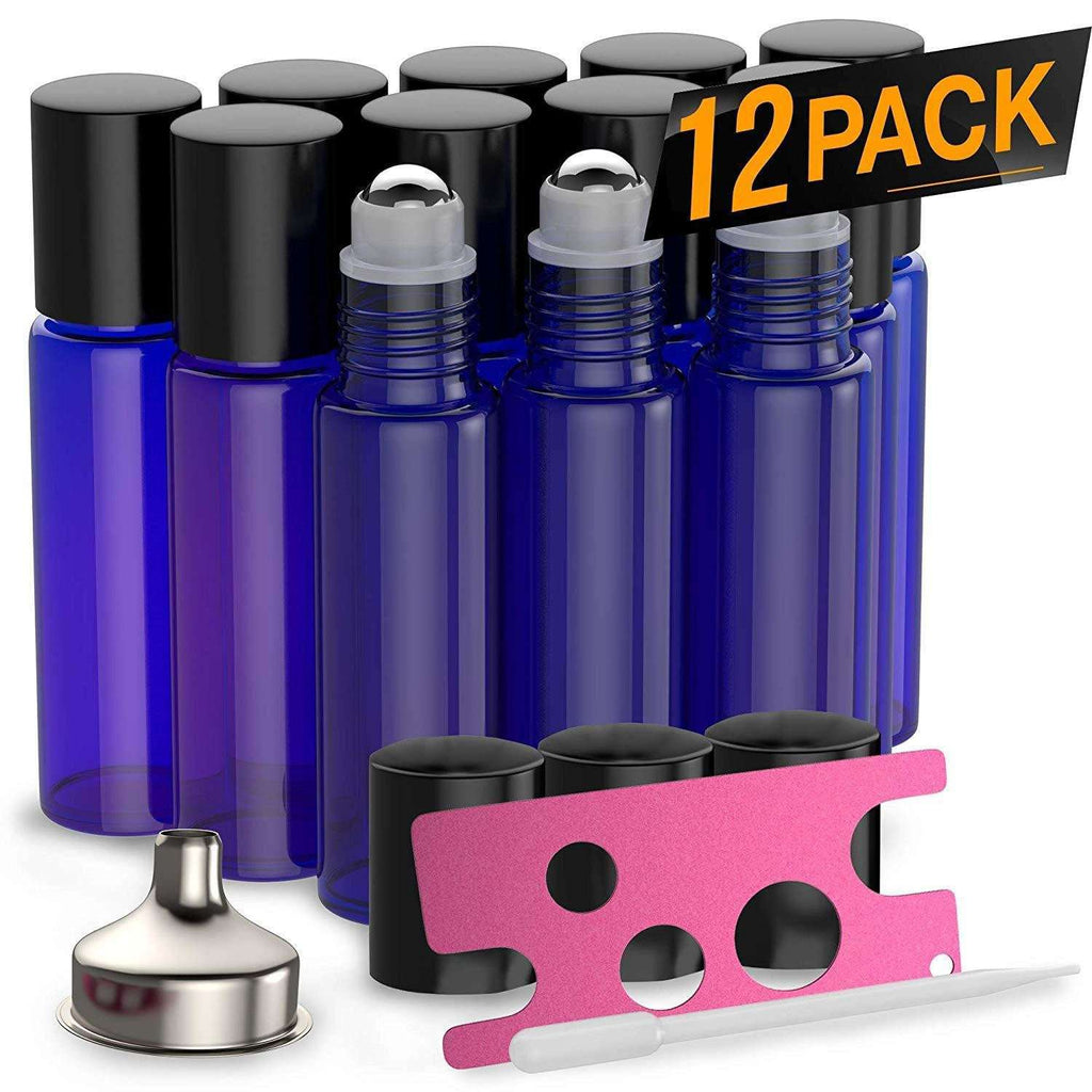 12 Pack - Essential Oil Roller Bottles [Metal Chrome Roller Ball] FREE Plastic Pippette, Funnel and Bottle Opener Refillable Glass Color Roll On for Fragrance... Oil BargzOils 