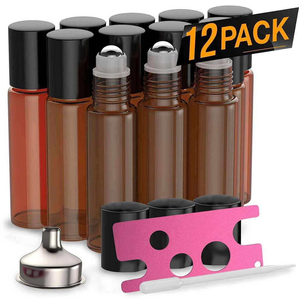 12 Pack - Essential Oil Roller Bottles [Metal Chrome Roller Ball] FREE Plastic Pippette, Funnel and Bottle Opener Refillable Glass Color Roll On for Fragrance... Oil BargzOils 