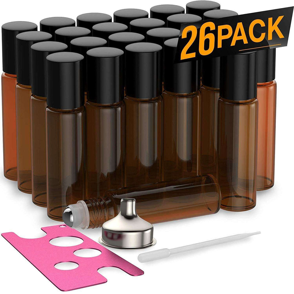 26 Pack - Essential Oil Roller Bottles [Metal Chrome Roller Ball] FREE Plastic Pippette, Funnel and Bottle Opener Refillable Glass Color Roll On for Fragrance Essential Oil - 10 ml 1/3 oz (Amber) Oil BargzOils 