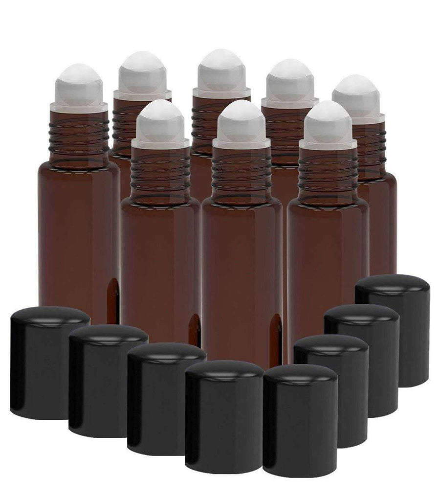 8 Pack - Essential Oil Roller Bottles [PLASTIC ROLLER] 10ml Refillable Glass - Amber Oil BargzOils 