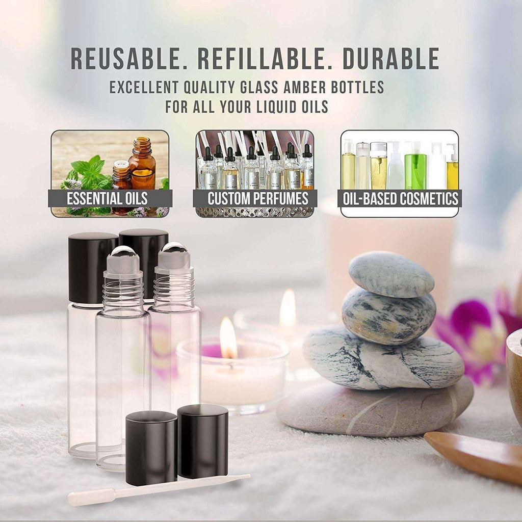 4 Pack - Essential Oil Roller Bottles [Metal Chrome Roller Ball] FREE Plastic Pippette, Funnel and Bottle Opener Refillable Glass Color Roll On for Fragrance... Oil BargzOils 