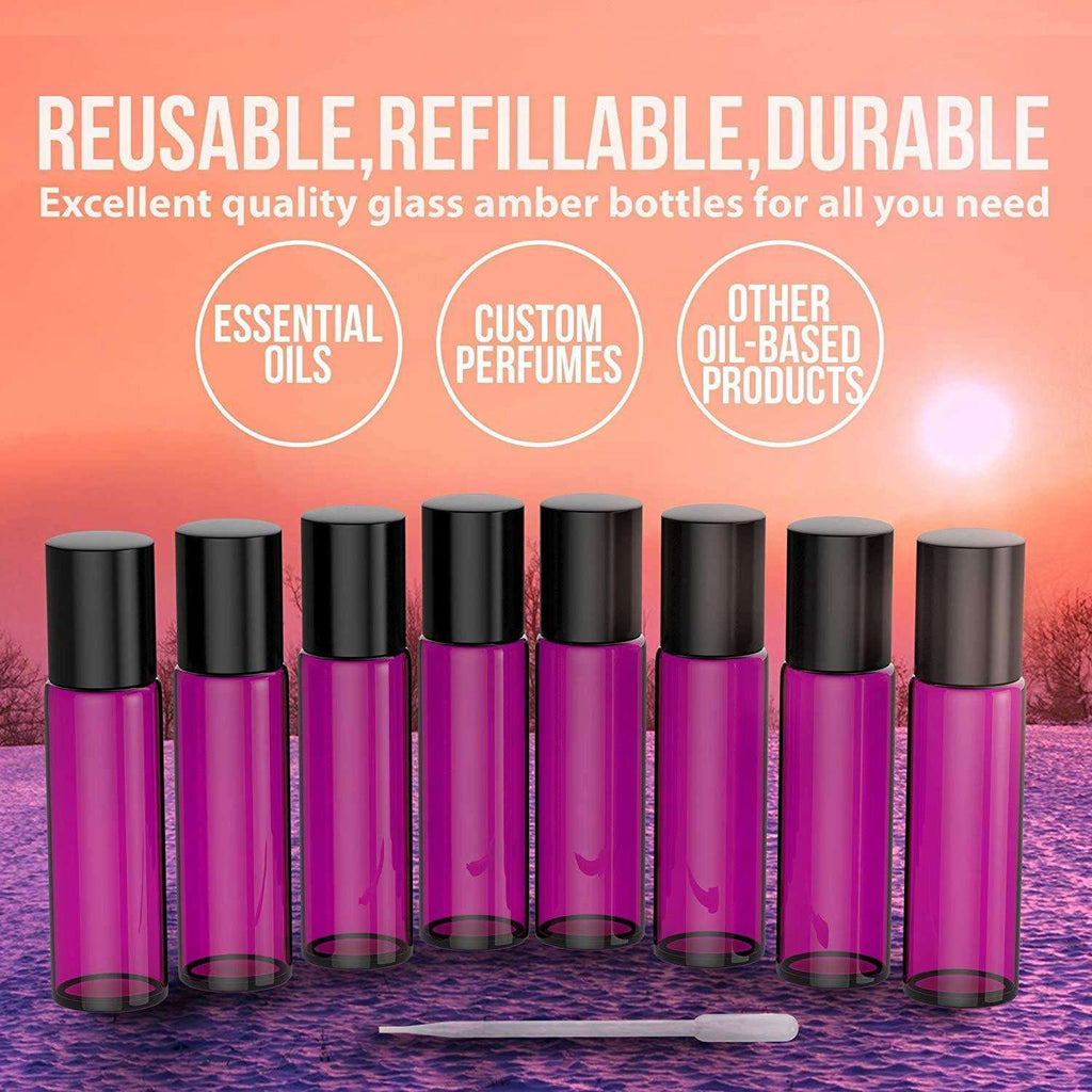 Essential Oil Roller Bottles [Metal Chrome Roller Ball] FREE Plastic Pippette, Funnel and Bottle Opener Refillable Glass Color Roll On for Fragrance Essential Oil - 10 ml 1/3 oz (8 PACK, PURPLE) Oil BargzOils 