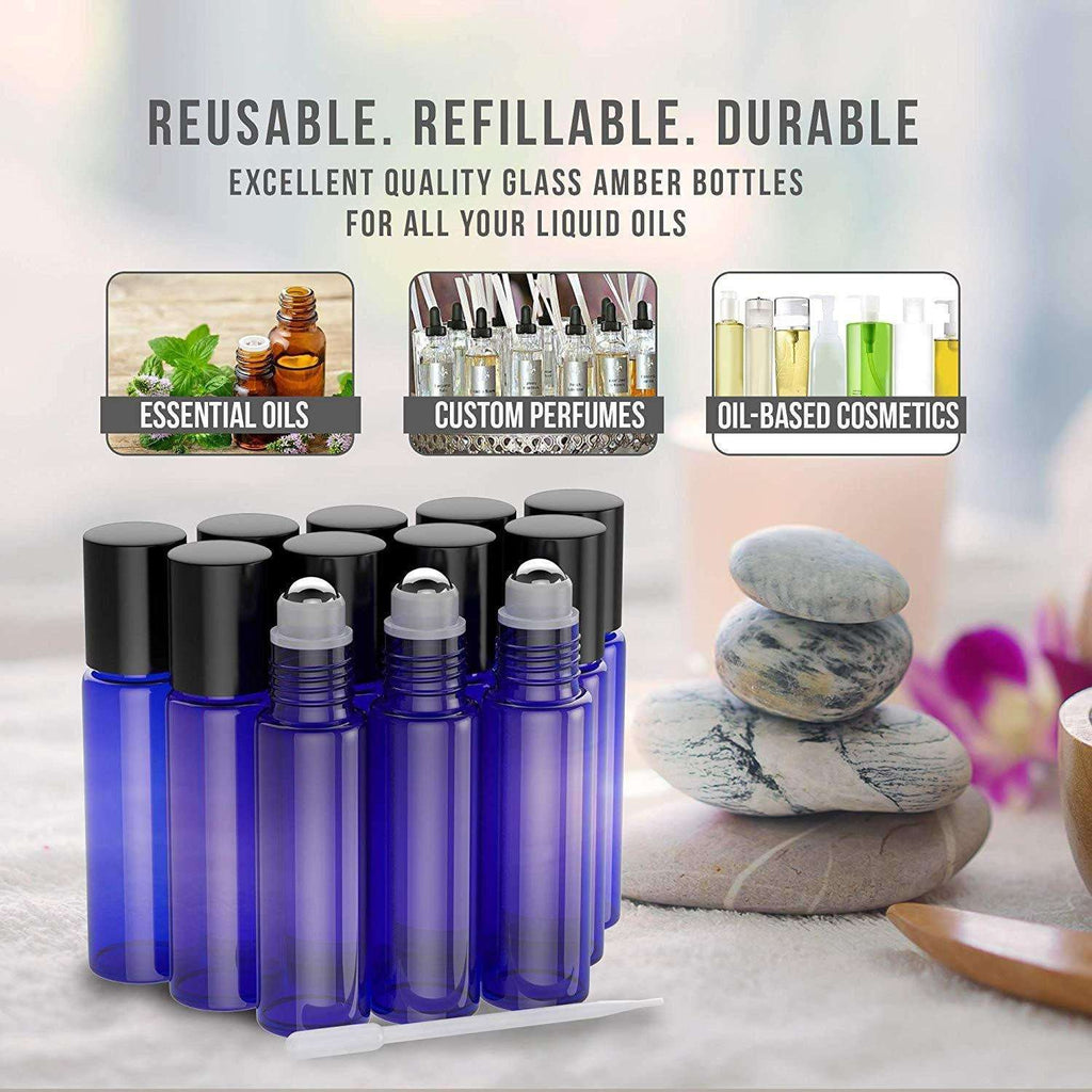 12 Pack - Essential Oil Roller Bottles [Metal Chrome Roller Ball] FREE Plastic Pippette, Funnel and Bottle Opener Refillable Glass Color Roll On for Fragrance... Oil BargzOils 