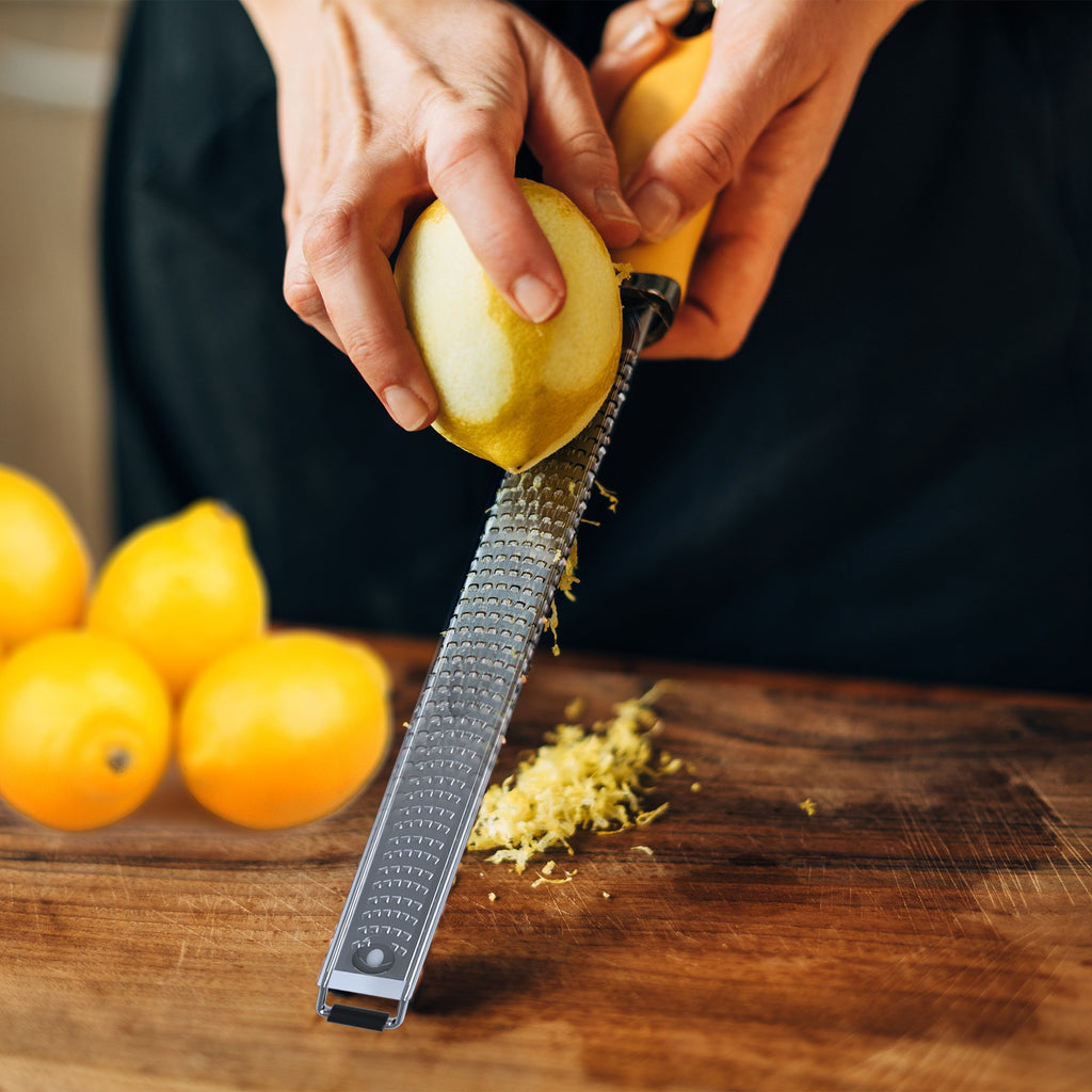 Zekpro Parmesan Cheese Grater and Lemon Zester, Stainless Steel Razor Sharp Zester for Ginger, Garlic, Nutmeg, Chocolate, Vegetables, Fruits Dishwasher Safe Yellow Handle