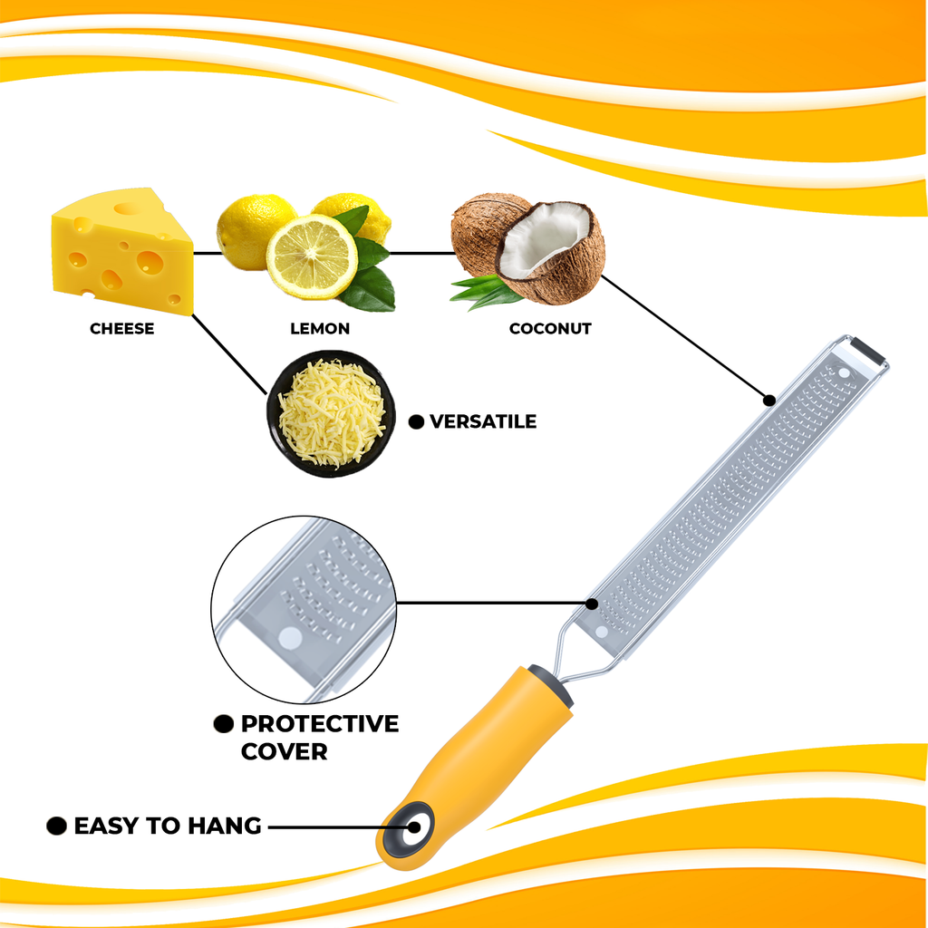 Zekpro Parmesan Cheese Grater and Lemon Zester, Stainless Steel Razor Sharp Zester for Ginger, Garlic, Nutmeg, Chocolate, Vegetables, Fruits Dishwasher Safe Yellow Handle